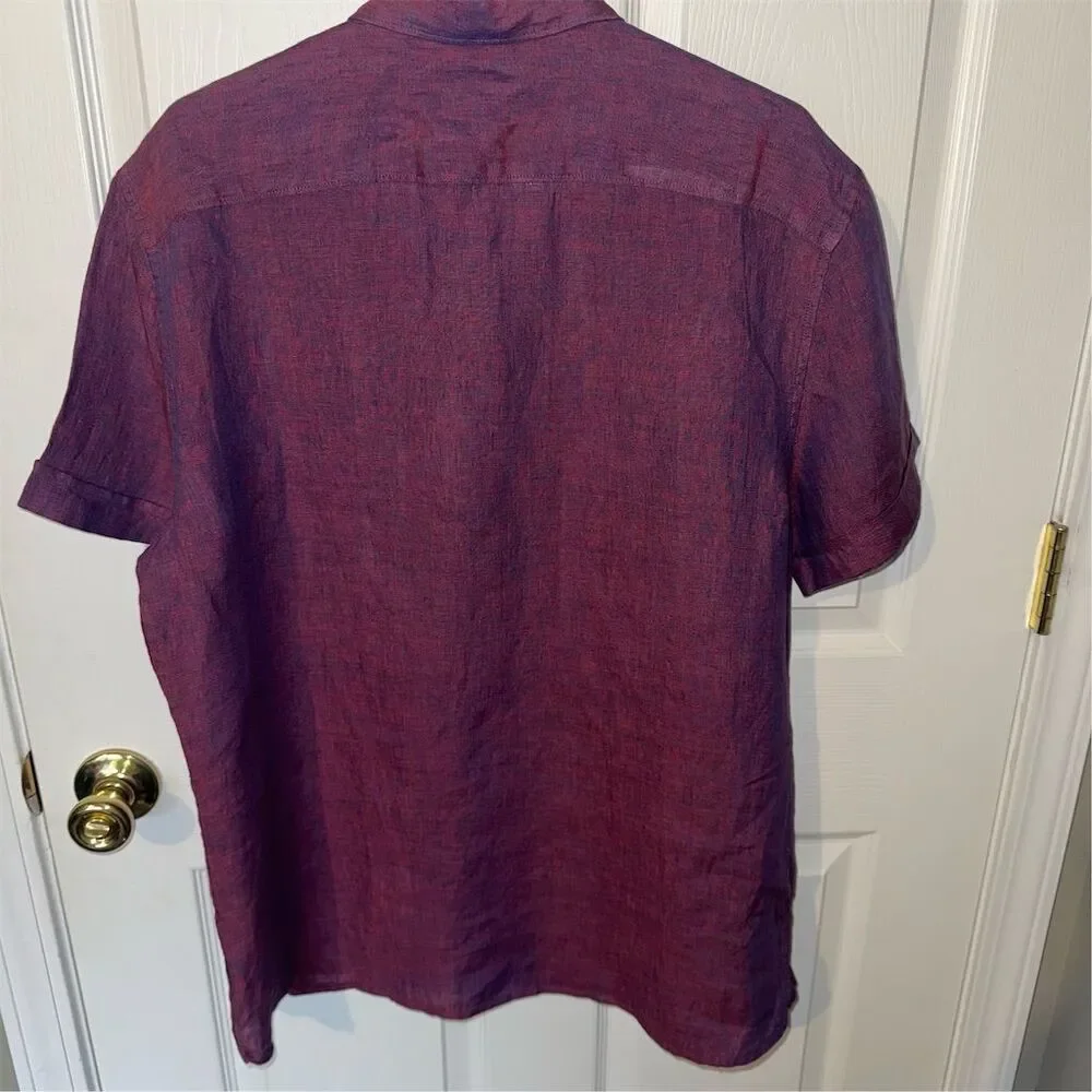 Perry Ellis Men's Untucked‎ Short Sleeve Linen Button-Up Shirt Large Office